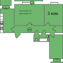 2-7 этажи. План трехкомнатной квартиры. Вариант 1