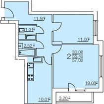 Типовой этаж. План двухкомнатной квартиры. Вариант 2