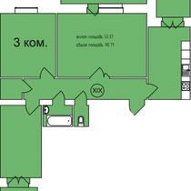 2-7 этажи. План трехкомнатной квартиры. Вариант 12