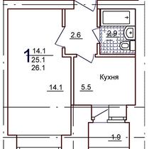 2-3 этажи. План однокомнатной квартиры. Вариант 1