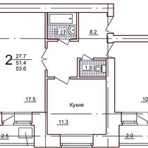 4-7 этажи. План двухкомнатной квартиры. Вариант 1