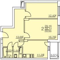 Типовой этаж. План двухкомнатной квартиры. Вариант 3
