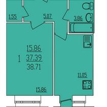 2-6 этажи. План однокомнатной квартиры. Вариант 4