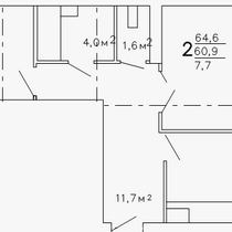 2-4 этажи. План двухкомнатной квартиры. Вариант 6