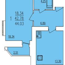 2-6 этажи. План однокомнатной квартиры. Вариант 1