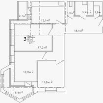 2-4 этажи. План трехкомнатной квартиры. Вариант 1