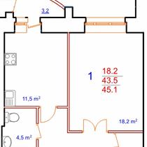 2-9 этажи. План однокомнатной квартиры. Вариант 7