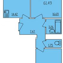 7-10 этажи. План двухкомнатной квартиры. Вариант 2