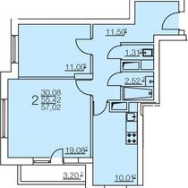 Типовой этаж. План двухкомнатной квартиры. Вариант 1
